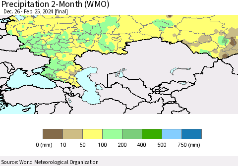 Russian Federation Precipitation 2-Month (WMO) Thematic Map For 12/26/2023 - 2/25/2024