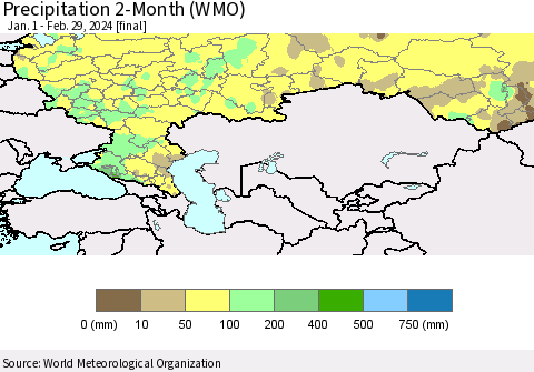 Russian Federation Precipitation 2-Month (WMO) Thematic Map For 1/1/2024 - 2/29/2024