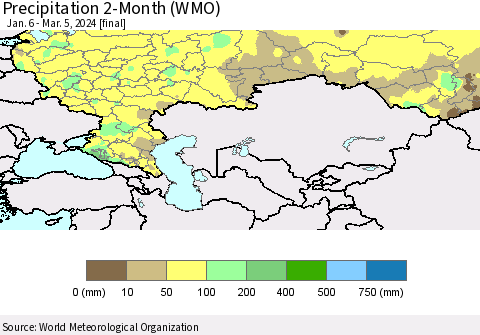 Russian Federation Precipitation 2-Month (WMO) Thematic Map For 1/6/2024 - 3/5/2024