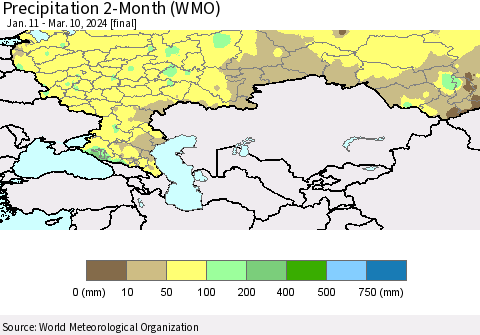 Russian Federation Precipitation 2-Month (WMO) Thematic Map For 1/11/2024 - 3/10/2024
