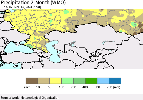 Russian Federation Precipitation 2-Month (WMO) Thematic Map For 1/16/2024 - 3/15/2024