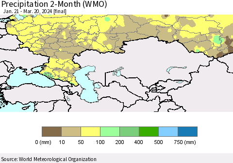 Russian Federation Precipitation 2-Month (WMO) Thematic Map For 1/21/2024 - 3/20/2024