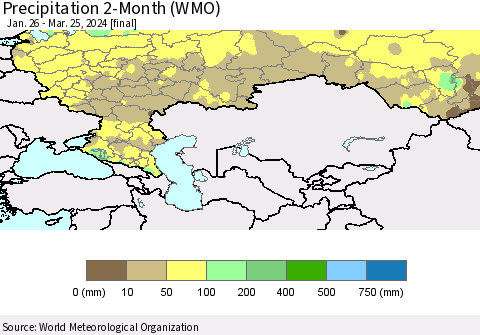 Russian Federation Precipitation 2-Month (WMO) Thematic Map For 1/26/2024 - 3/25/2024