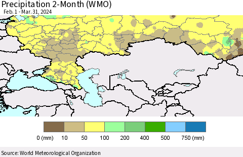 Russian Federation Precipitation 2-Month (WMO) Thematic Map For 2/1/2024 - 3/31/2024