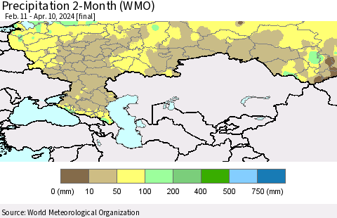 Russian Federation Precipitation 2-Month (WMO) Thematic Map For 2/11/2024 - 4/10/2024