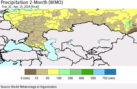 Russian Federation Precipitation 2-Month (WMO) Thematic Map For 2/16/2024 - 4/15/2024