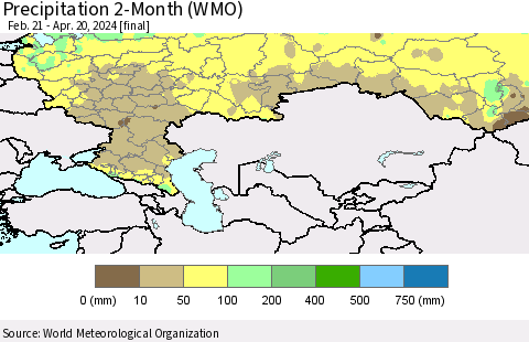 Russian Federation Precipitation 2-Month (WMO) Thematic Map For 2/21/2024 - 4/20/2024