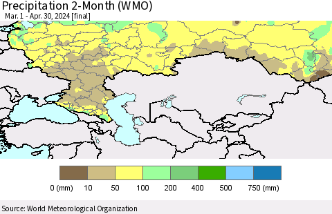 Russian Federation Precipitation 2-Month (WMO) Thematic Map For 3/1/2024 - 4/30/2024