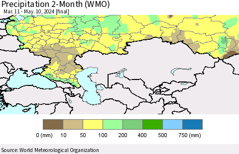 Russian Federation Precipitation 2-Month (WMO) Thematic Map For 3/11/2024 - 5/10/2024