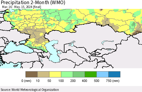 Russian Federation Precipitation 2-Month (WMO) Thematic Map For 3/16/2024 - 5/15/2024