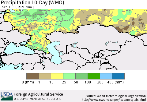 Russian Federation Precipitation 10-Day (WMO) Thematic Map For 9/1/2021 - 9/10/2021