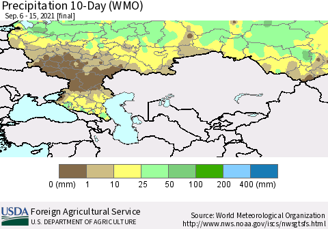 Russian Federation Precipitation 10-Day (WMO) Thematic Map For 9/6/2021 - 9/15/2021