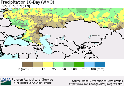 Russian Federation Precipitation 10-Day (WMO) Thematic Map For 9/11/2021 - 9/20/2021