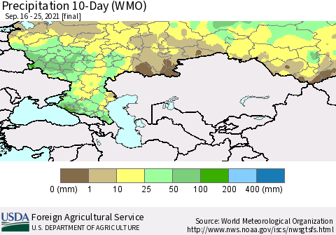 Russian Federation Precipitation 10-Day (WMO) Thematic Map For 9/16/2021 - 9/25/2021