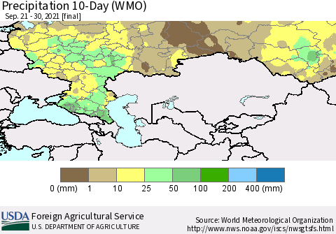 Russian Federation Precipitation 10-Day (WMO) Thematic Map For 9/21/2021 - 9/30/2021