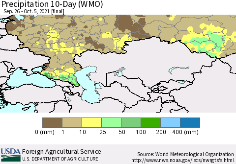 Russian Federation Precipitation 10-Day (WMO) Thematic Map For 9/26/2021 - 10/5/2021