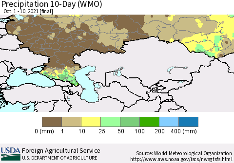 Russian Federation Precipitation 10-Day (WMO) Thematic Map For 10/1/2021 - 10/10/2021
