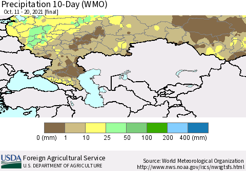 Russian Federation Precipitation 10-Day (WMO) Thematic Map For 10/11/2021 - 10/20/2021