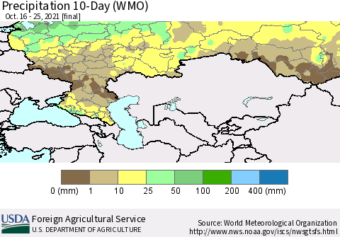 Russian Federation Precipitation 10-Day (WMO) Thematic Map For 10/16/2021 - 10/25/2021