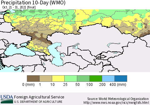 Russian Federation Precipitation 10-Day (WMO) Thematic Map For 10/21/2021 - 10/31/2021