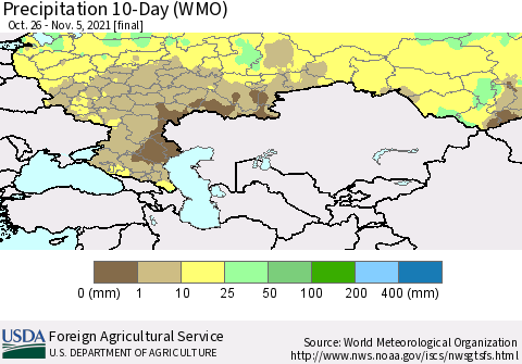 Russian Federation Precipitation 10-Day (WMO) Thematic Map For 10/26/2021 - 11/5/2021