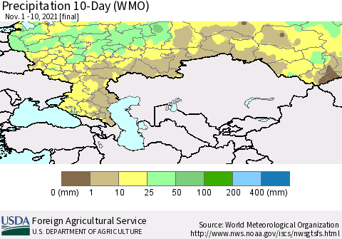 Russian Federation Precipitation 10-Day (WMO) Thematic Map For 11/1/2021 - 11/10/2021