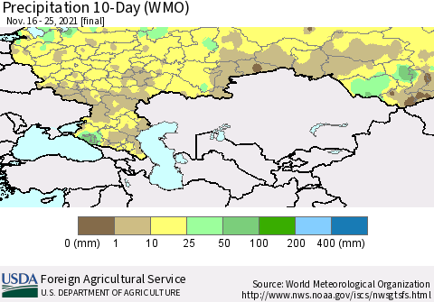 Russian Federation Precipitation 10-Day (WMO) Thematic Map For 11/16/2021 - 11/25/2021