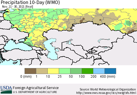 Russian Federation Precipitation 10-Day (WMO) Thematic Map For 11/21/2021 - 11/30/2021
