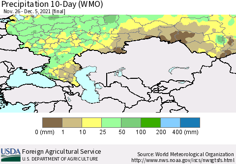 Russian Federation Precipitation 10-Day (WMO) Thematic Map For 11/26/2021 - 12/5/2021