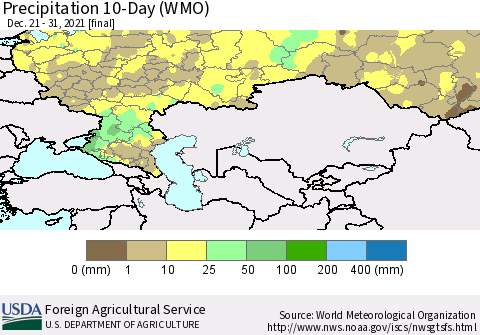 Russian Federation Precipitation 10-Day (WMO) Thematic Map For 12/21/2021 - 12/31/2021