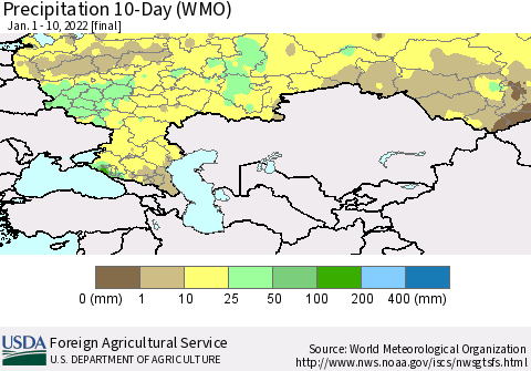 Russian Federation Precipitation 10-Day (WMO) Thematic Map For 1/1/2022 - 1/10/2022