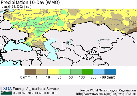 Russian Federation Precipitation 10-Day (WMO) Thematic Map For 1/6/2022 - 1/15/2022
