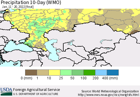 Russian Federation Precipitation 10-Day (WMO) Thematic Map For 1/11/2022 - 1/20/2022