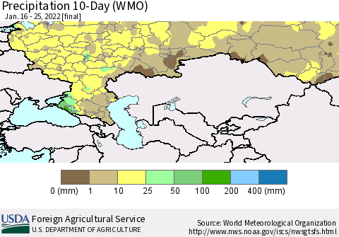 Russian Federation Precipitation 10-Day (WMO) Thematic Map For 1/16/2022 - 1/25/2022