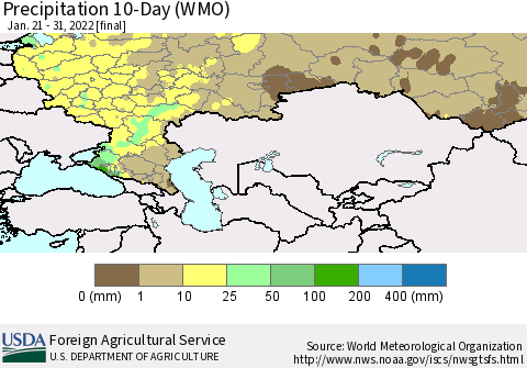 Russian Federation Precipitation 10-Day (WMO) Thematic Map For 1/21/2022 - 1/31/2022