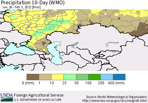 Russian Federation Precipitation 10-Day (WMO) Thematic Map For 1/26/2022 - 2/5/2022