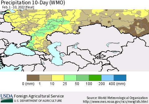 Russian Federation Precipitation 10-Day (WMO) Thematic Map For 2/1/2022 - 2/10/2022