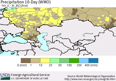 Russian Federation Precipitation 10-Day (WMO) Thematic Map For 2/11/2022 - 2/20/2022