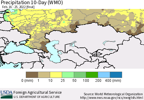 Russian Federation Precipitation 10-Day (WMO) Thematic Map For 2/16/2022 - 2/25/2022
