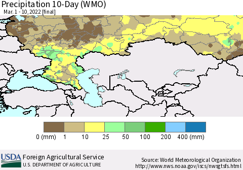Russian Federation Precipitation 10-Day (WMO) Thematic Map For 3/1/2022 - 3/10/2022