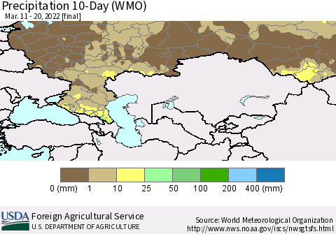 Russian Federation Precipitation 10-Day (WMO) Thematic Map For 3/11/2022 - 3/20/2022