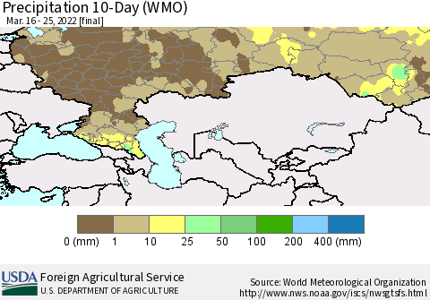 Russian Federation Precipitation 10-Day (WMO) Thematic Map For 3/16/2022 - 3/25/2022