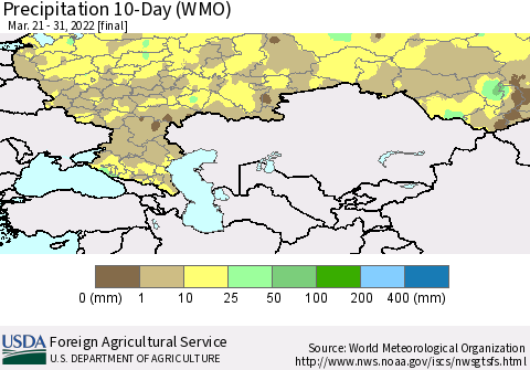 Russian Federation Precipitation 10-Day (WMO) Thematic Map For 3/21/2022 - 3/31/2022