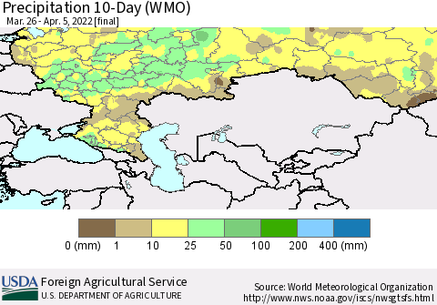Russian Federation Precipitation 10-Day (WMO) Thematic Map For 3/26/2022 - 4/5/2022
