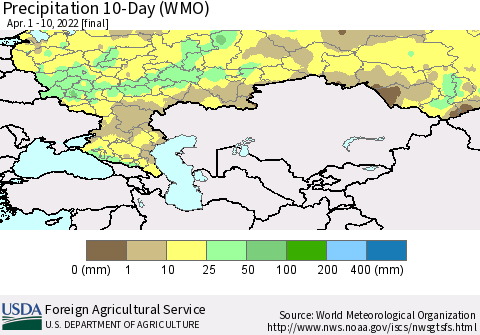 Russian Federation Precipitation 10-Day (WMO) Thematic Map For 4/1/2022 - 4/10/2022