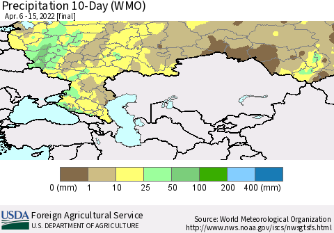 Russian Federation Precipitation 10-Day (WMO) Thematic Map For 4/6/2022 - 4/15/2022