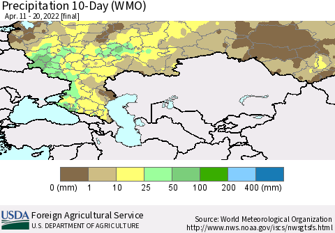 Russian Federation Precipitation 10-Day (WMO) Thematic Map For 4/11/2022 - 4/20/2022