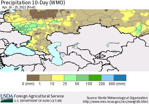 Russian Federation Precipitation 10-Day (WMO) Thematic Map For 4/16/2022 - 4/25/2022