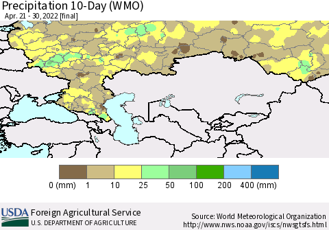 Russian Federation Precipitation 10-Day (WMO) Thematic Map For 4/21/2022 - 4/30/2022