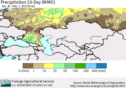 Russian Federation Precipitation 10-Day (WMO) Thematic Map For 4/26/2022 - 5/5/2022